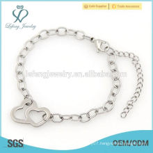 Hot selling stainless steel silver link chain bracelet, heart charm bracelet jewelry